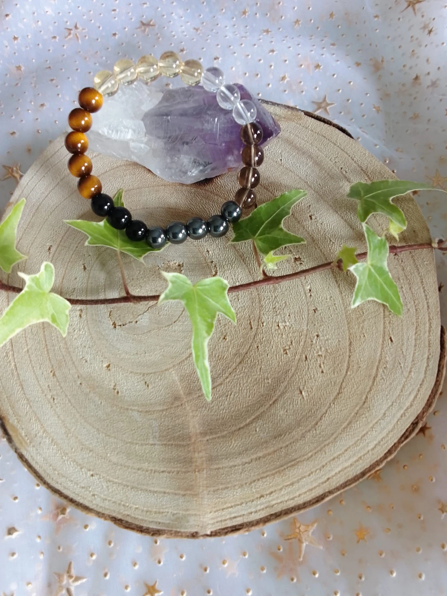 Pulseira Força & Expansão – Olho de Tigre, Pirite, Quartzo Transparente e Quartzo Fumado