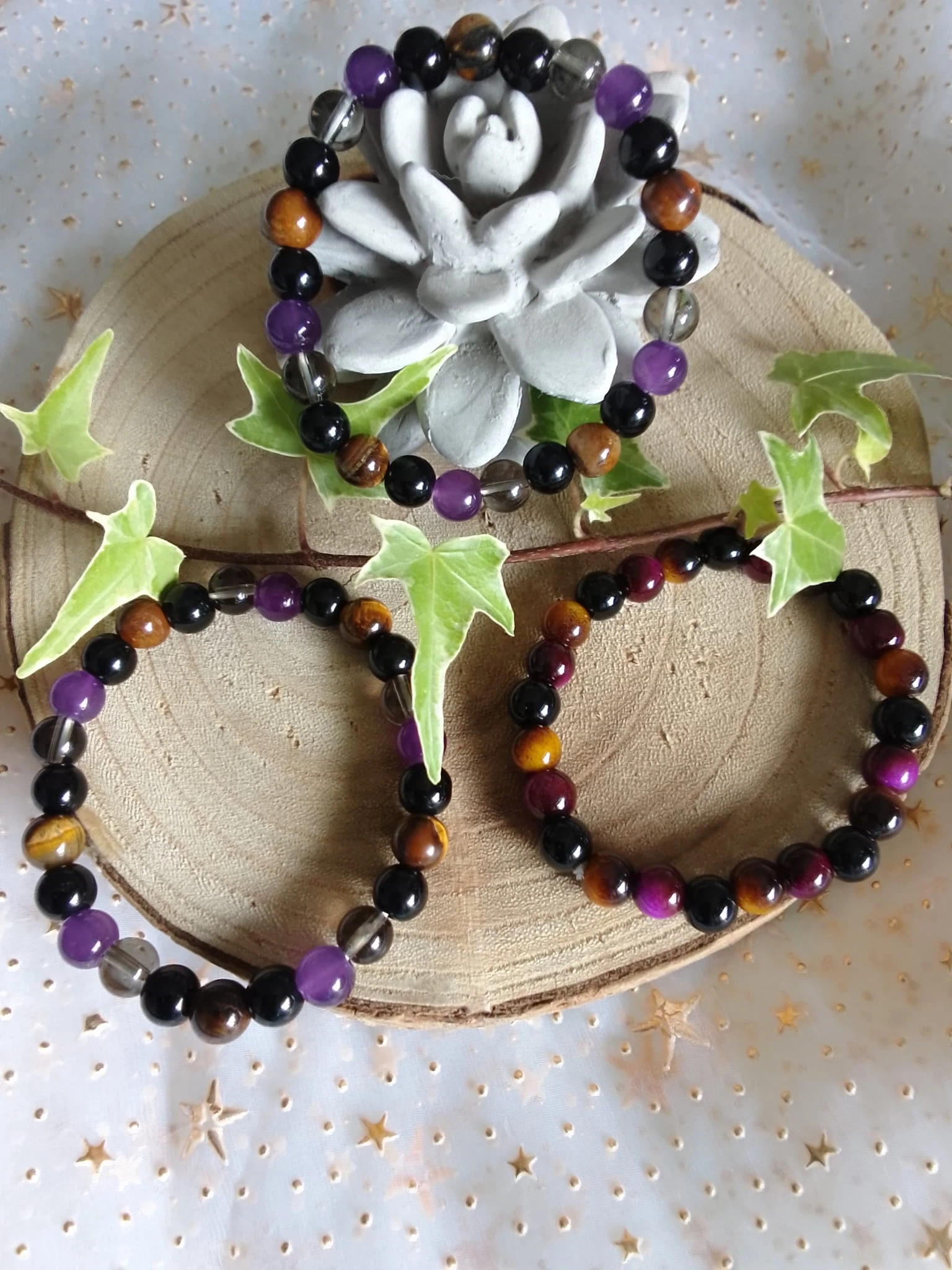 Pulseira Olho de Tigre+Ametista+Onix+Quartzo fumado